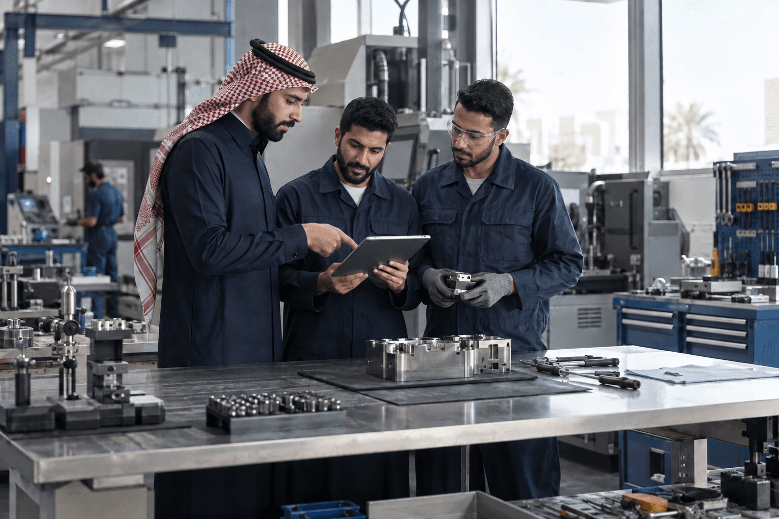 مشهد توضيحي لفريق عمل من الرجال يراجع العمليات داخل ورشة إنتاج