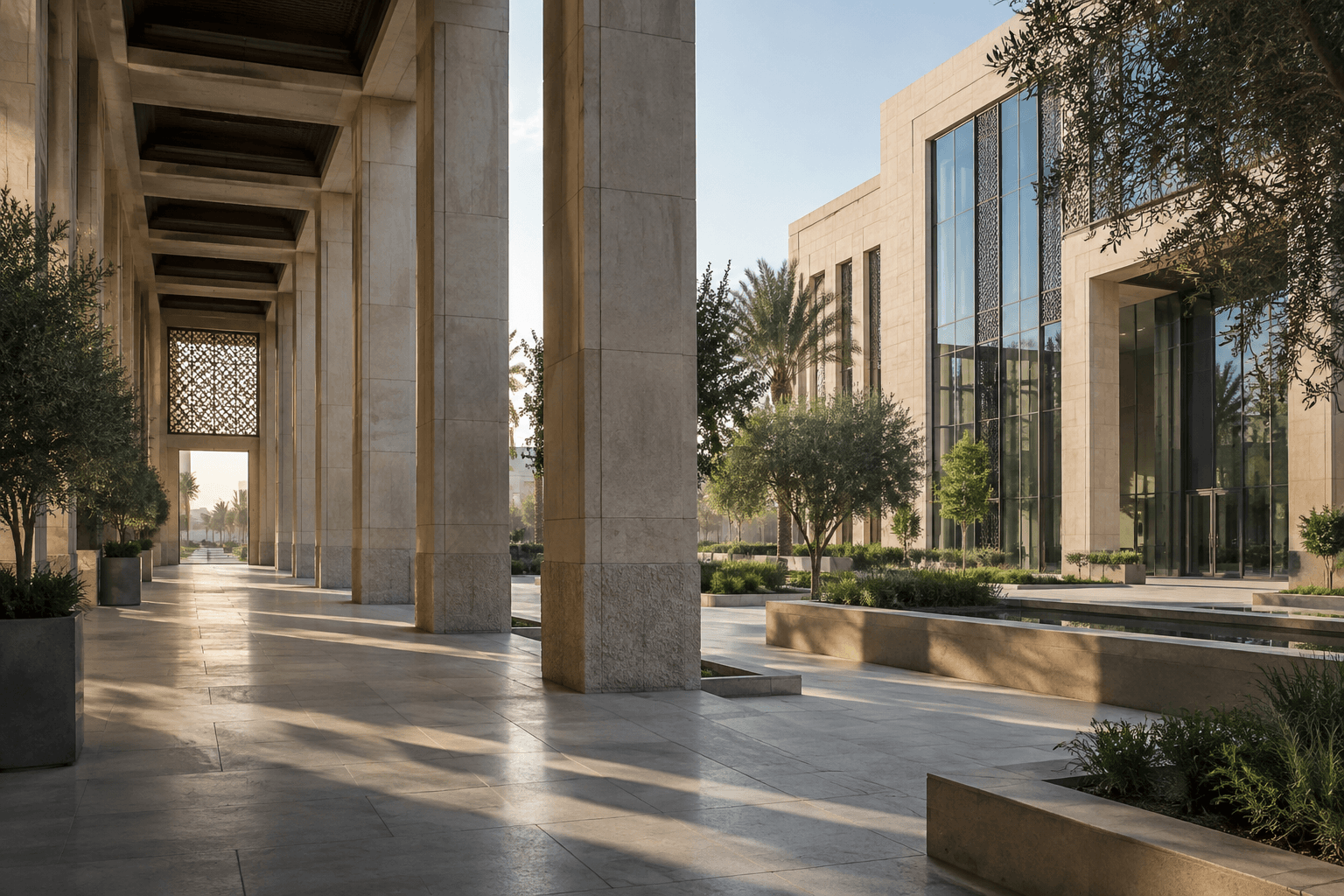 مشهد معماري توضيحي لأروقة حجرية وفناء معاصر في ضوء الصباح